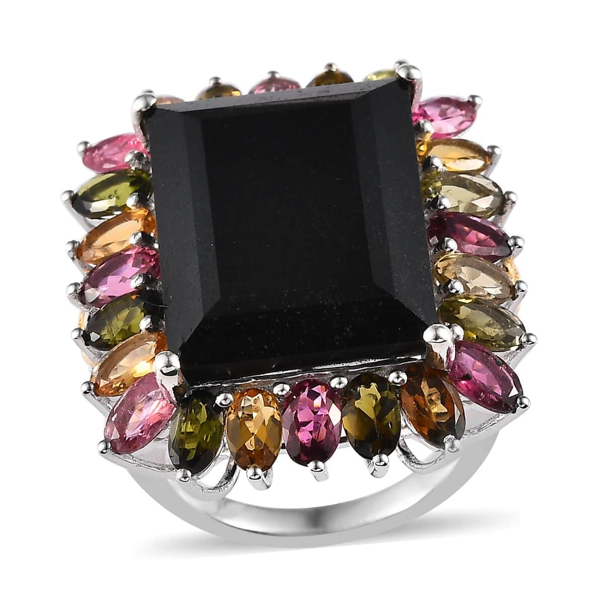 Black Tourmaline and Multi-Tourmaline Floral Ring in Vermeil YG and Platinum Over Sterling Silver (Size 9.0) 29.85 ctw image number 0