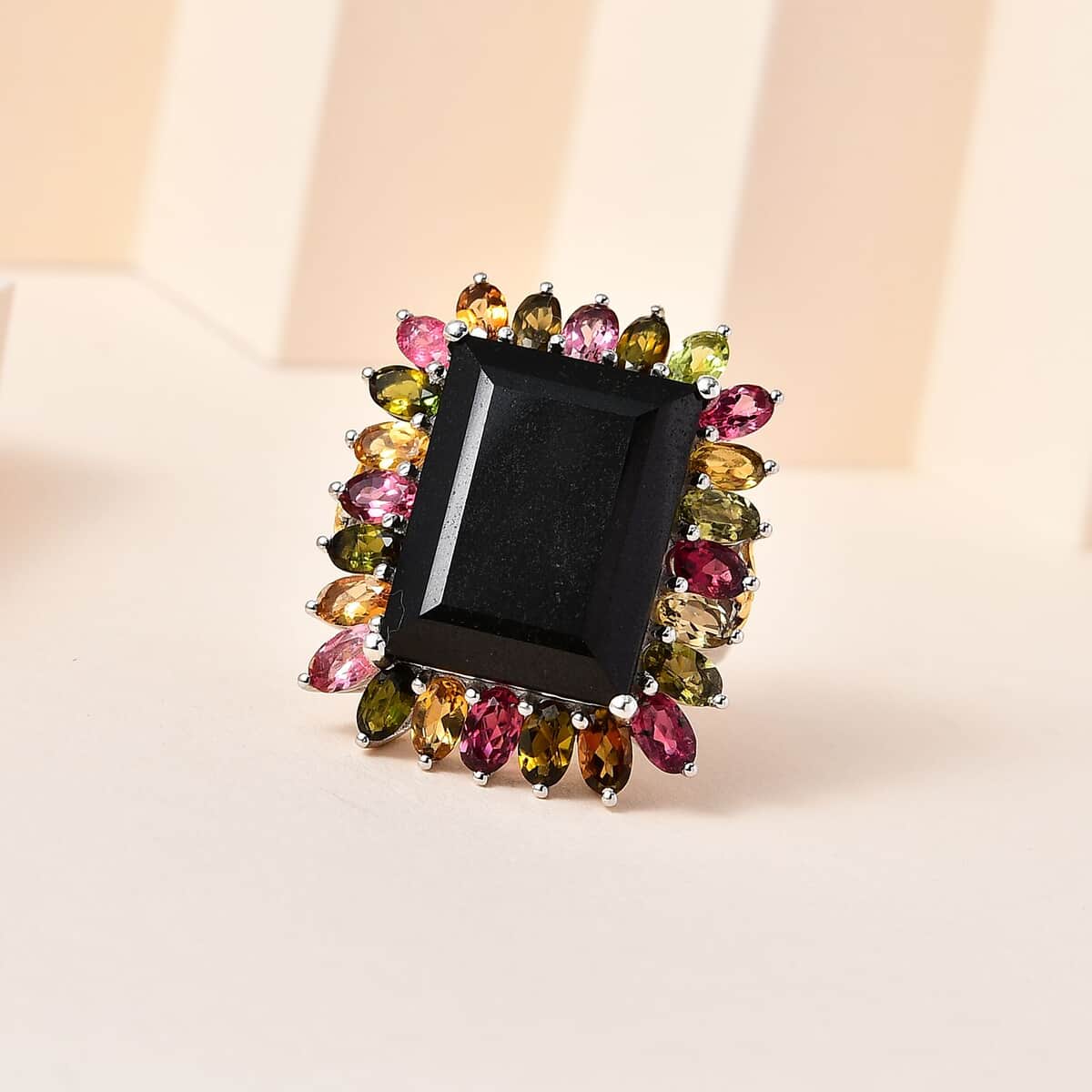 Black Tourmaline and Multi-Tourmaline Floral Ring in Vermeil YG and Platinum Over Sterling Silver (Size 9.0) 29.85 ctw image number 1