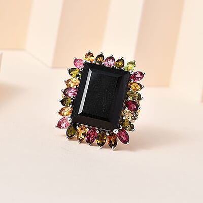 Black Tourmaline and Multi-Tourmaline Floral Ring in Vermeil YG and Platinum Over Sterling Silver (Size 9.0) 29.85 ctw