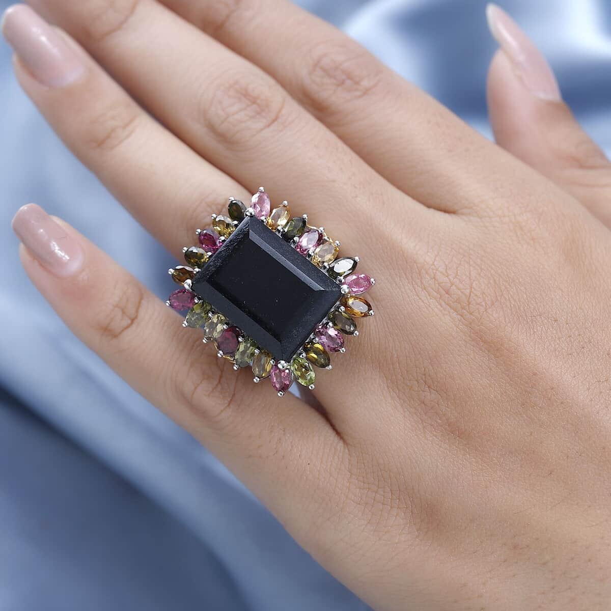 Black Tourmaline and Multi-Tourmaline Floral Ring in Vermeil YG and Platinum Over Sterling Silver (Size 9.0) 29.85 ctw image number 2