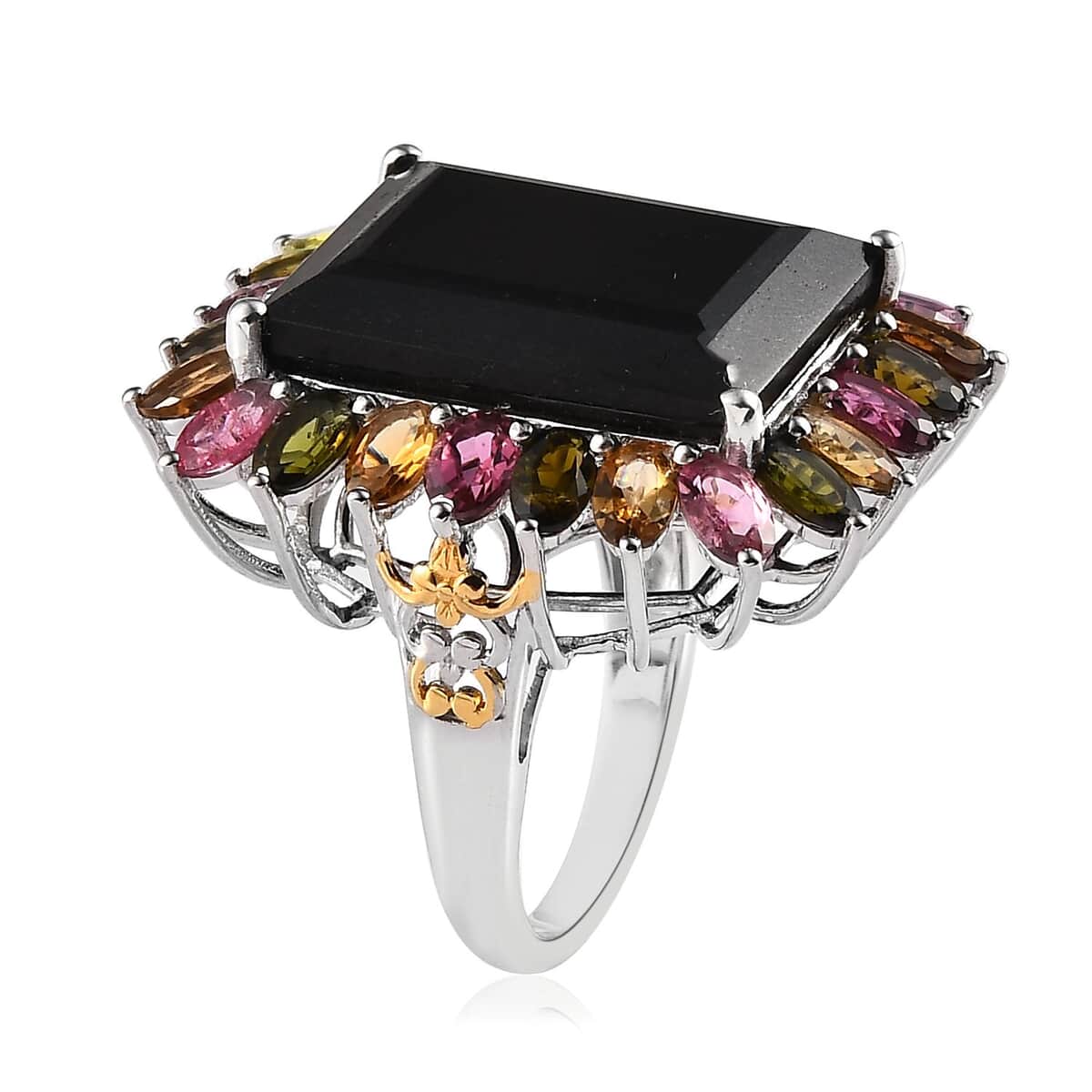 Black Tourmaline and Multi-Tourmaline Floral Ring in Vermeil YG and Platinum Over Sterling Silver (Size 9.0) 29.85 ctw image number 3