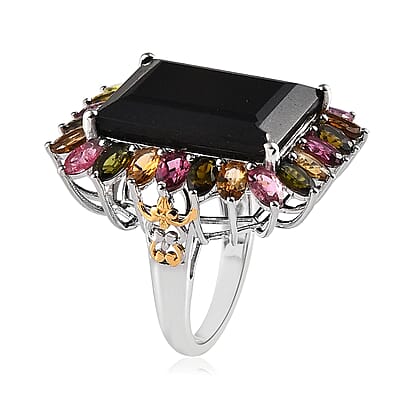 Black Tourmaline and Multi-Tourmaline Floral Ring in Vermeil YG and Platinum Over Sterling Silver (Size 9.0) 29.85 ctw