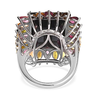 Black Tourmaline and Multi-Tourmaline Floral Ring in Vermeil YG and Platinum Over Sterling Silver (Size 9.0) 29.85 ctw
