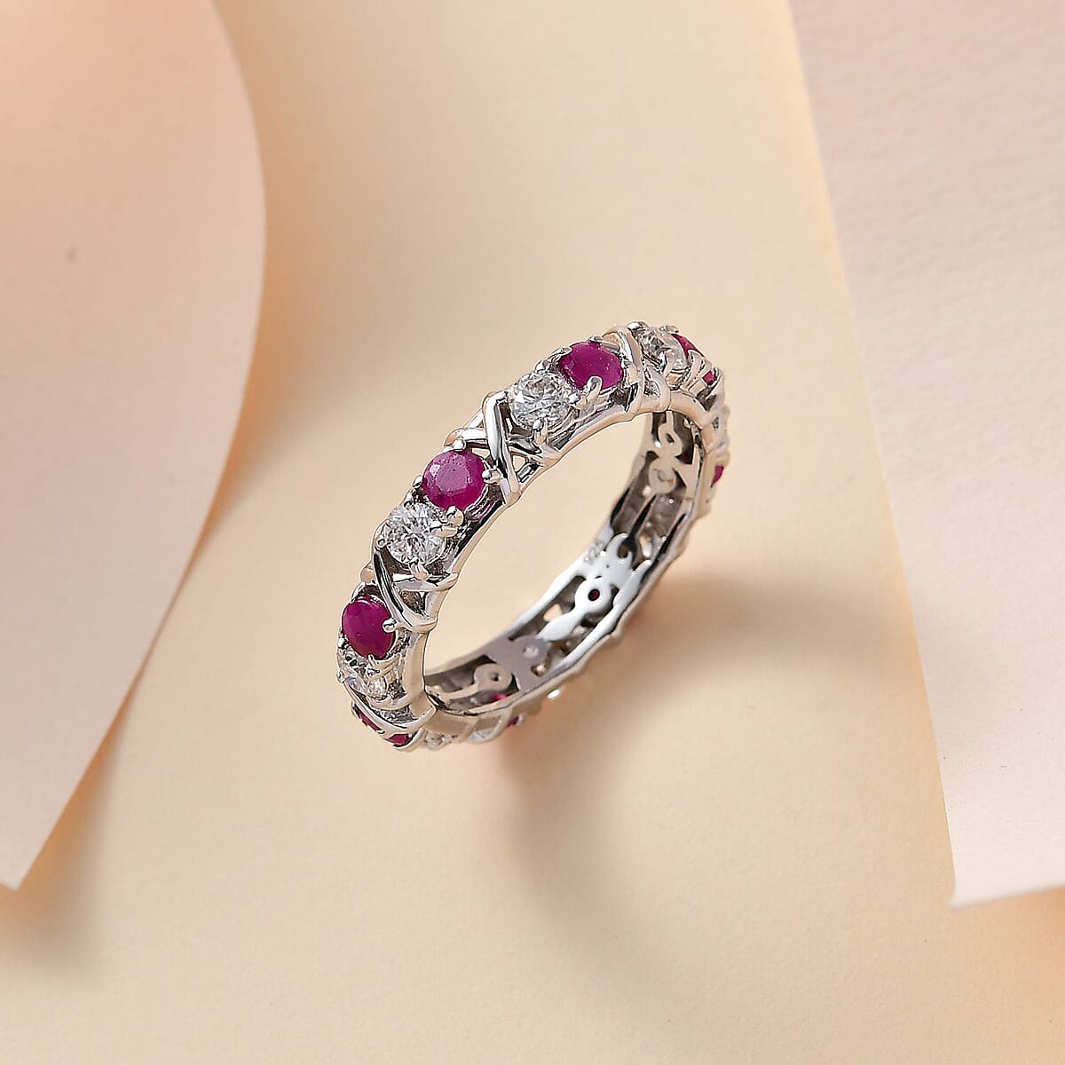 Ruby and Moissanite XO Band Ring in Platinum Over Sterling Silver (Size 7.0) 1.90 ctw image number 1