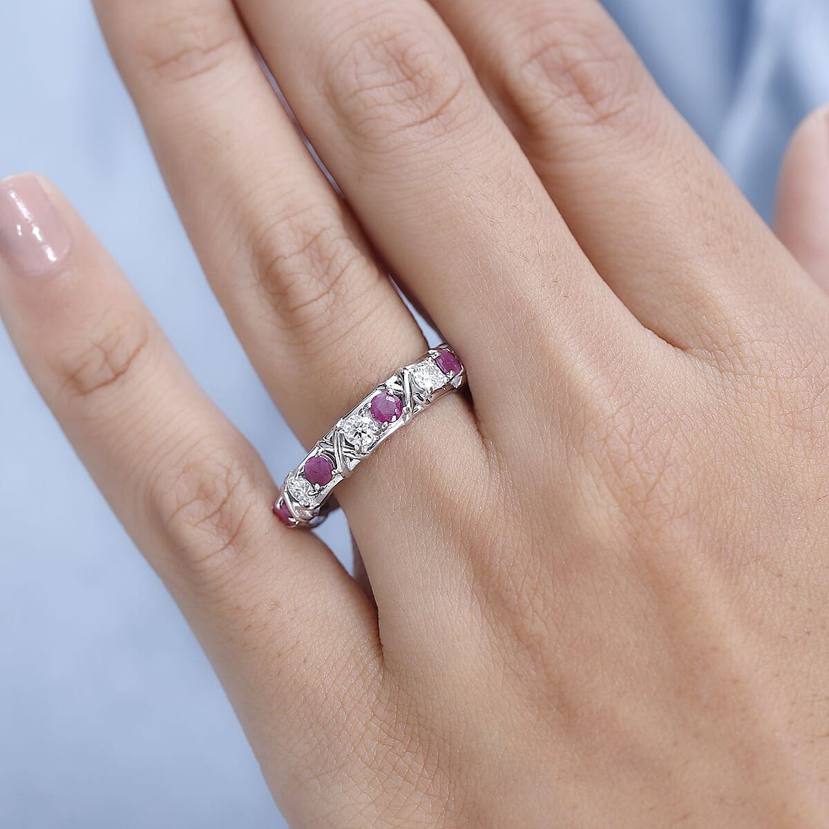 Ruby and Moissanite XO Band Ring in Platinum Over Sterling Silver (Size 7.0) 1.90 ctw image number 2