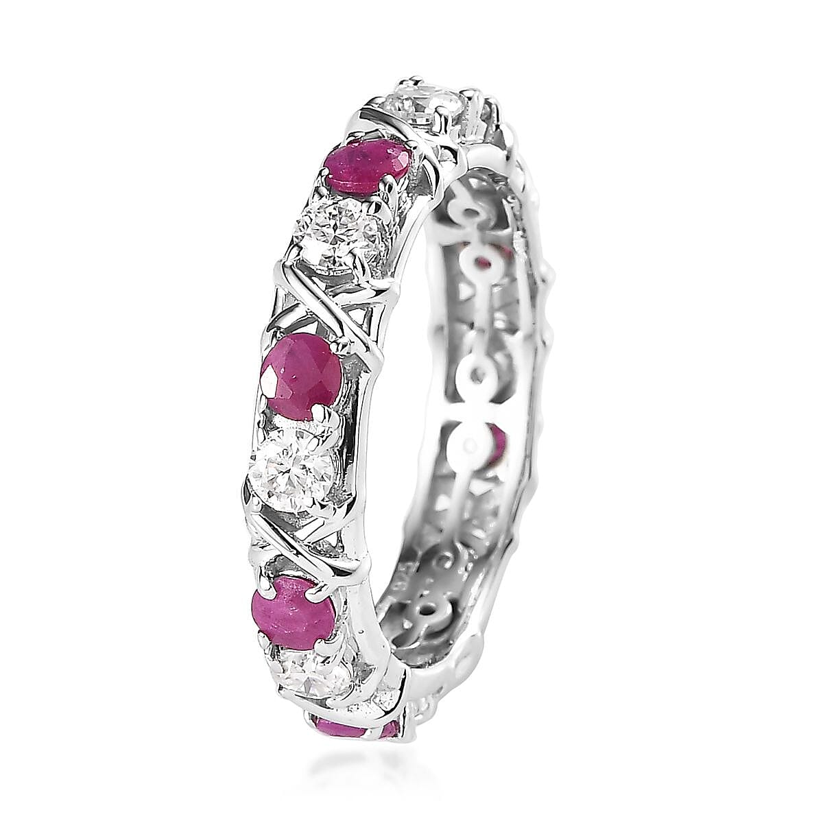 Ruby and Moissanite XO Band Ring in Platinum Over Sterling Silver (Size 7.0) 1.90 ctw image number 3