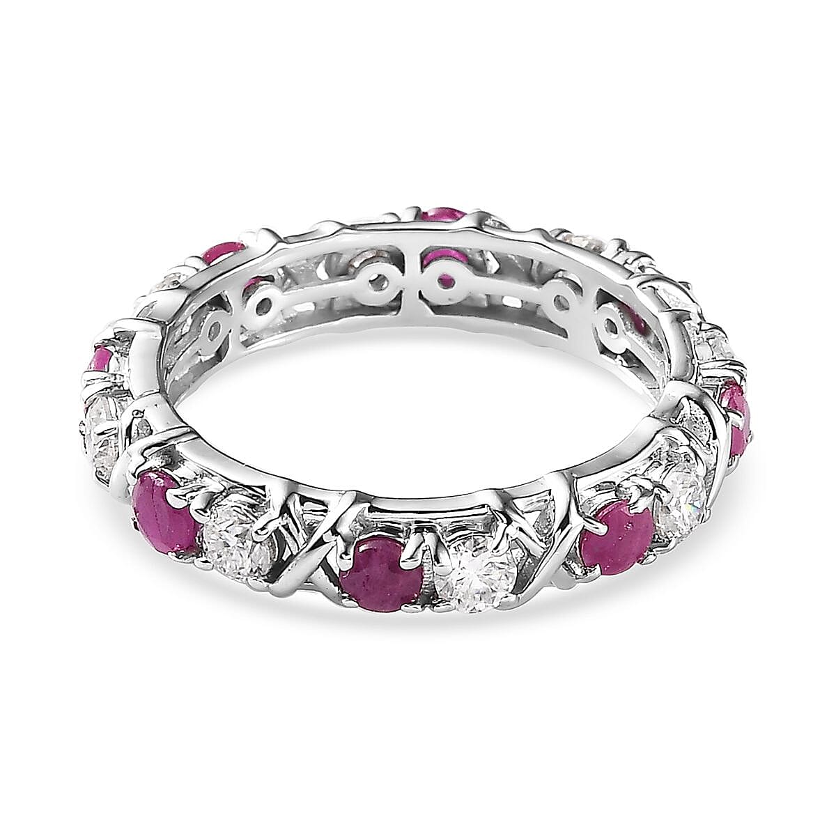 Ruby and Moissanite XO Band Ring in Platinum Over Sterling Silver (Size 7.0) 1.90 ctw image number 4