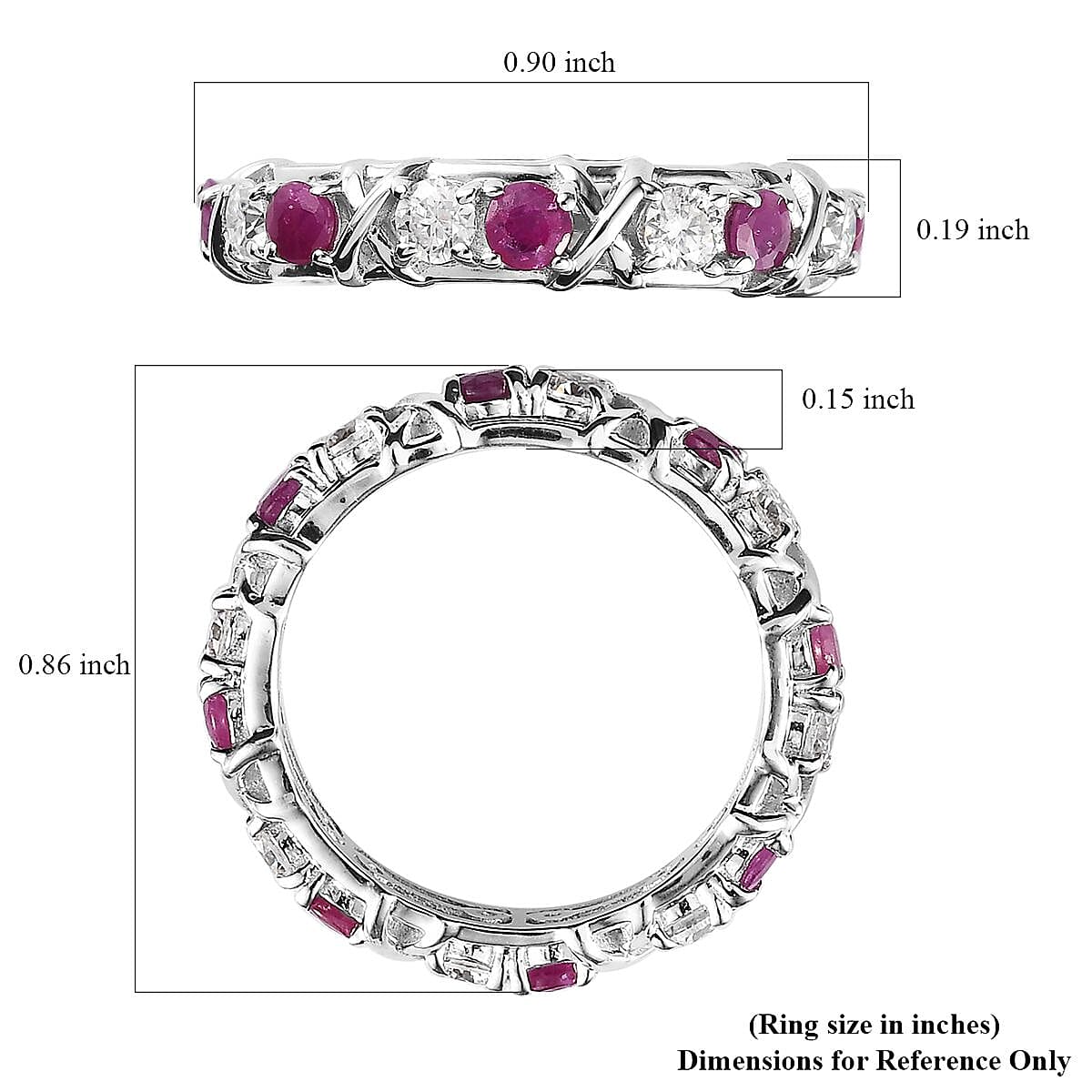 Ruby and Moissanite XO Band Ring in Platinum Over Sterling Silver (Size 7.0) 1.90 ctw image number 5