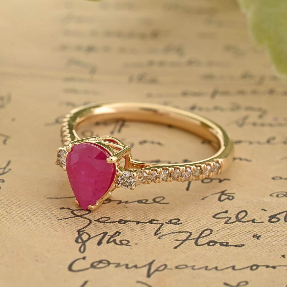 Certified & Appraised Luxoro 14K Yellow Gold AAA Mozambique Ruby, Diamond (G-H, I2) (0.23 cts) Ring (Size 9.5) 1.75 ctw image number 1