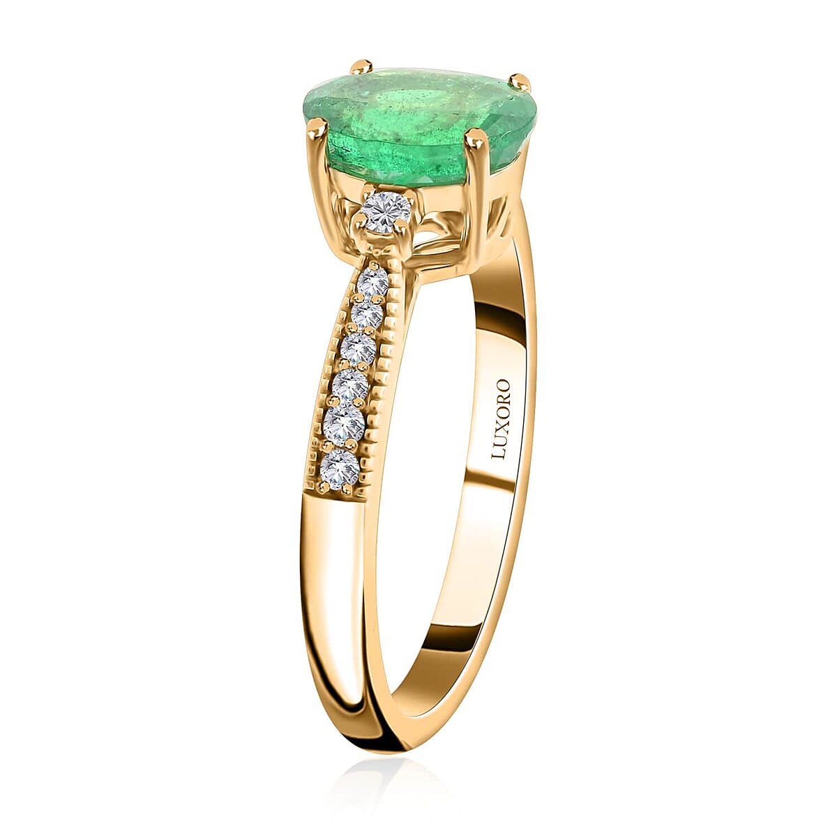 Certified & Appraised Luxoro AAA Gemfield Emerald and G-H I2 Diamond 1.30 ctw Ring in 14K Yellow Gold (Size 11.0) image number 3