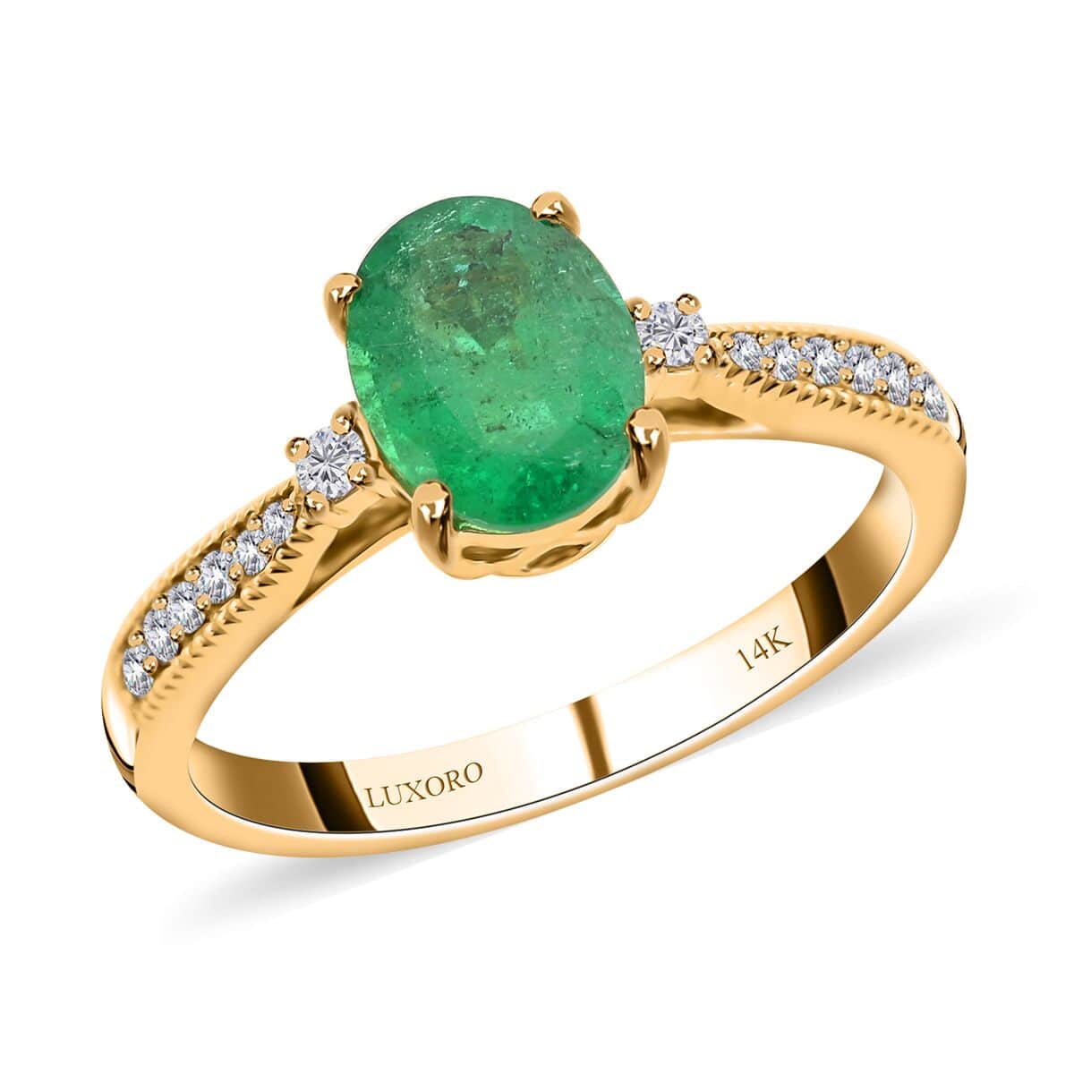 Certified & Appraised Luxoro 14K Yellow Gold AAA Gemfield Emerald and G-H I2 Diamond Ring (Size 6.0) 1.30 ctw image number 0
