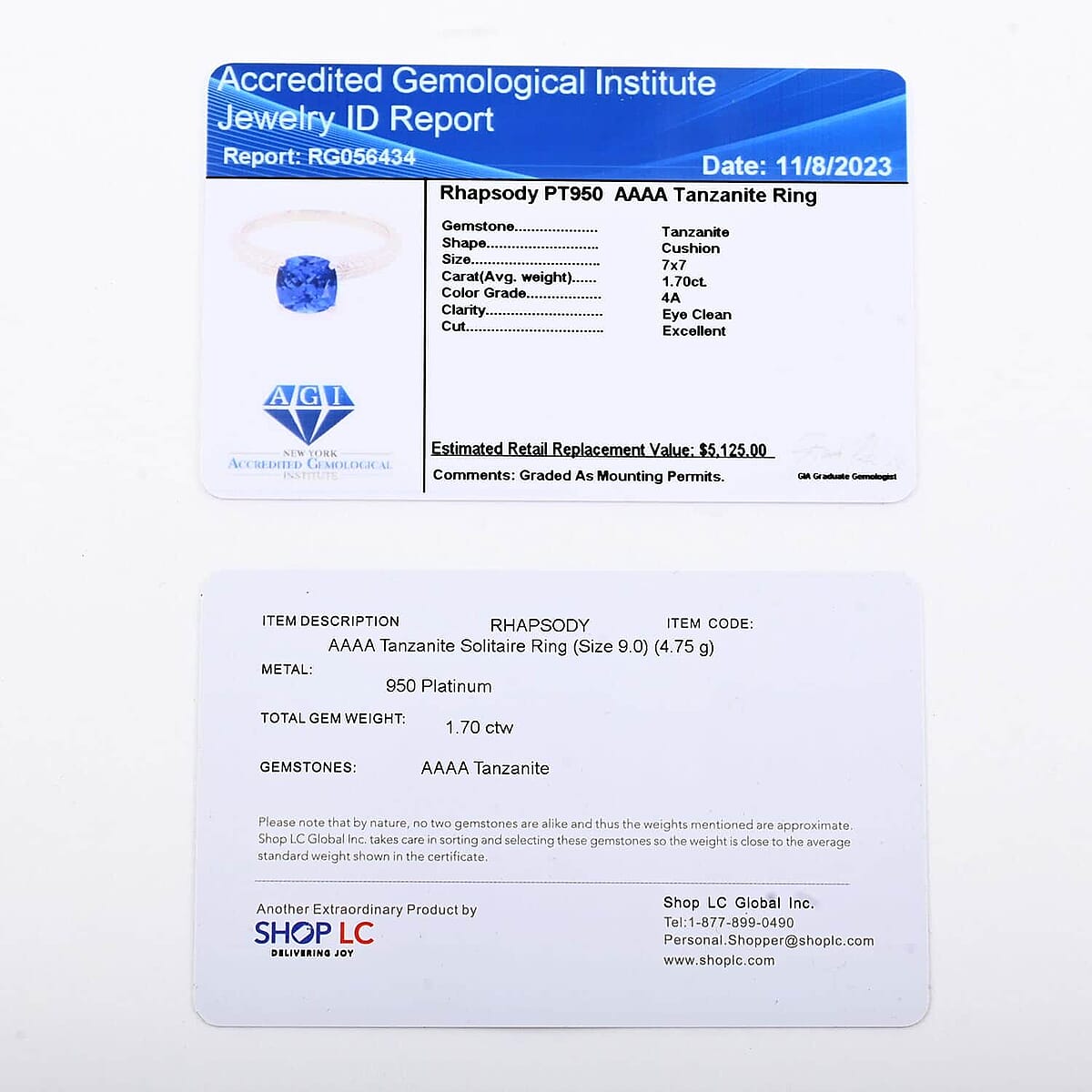 Certified & Appraised Rhapsody 950 Platinum AAAA Tanzanite Solitaire Ring (Size 10.0) 4.75 Grams 1.70 ctw image number 7