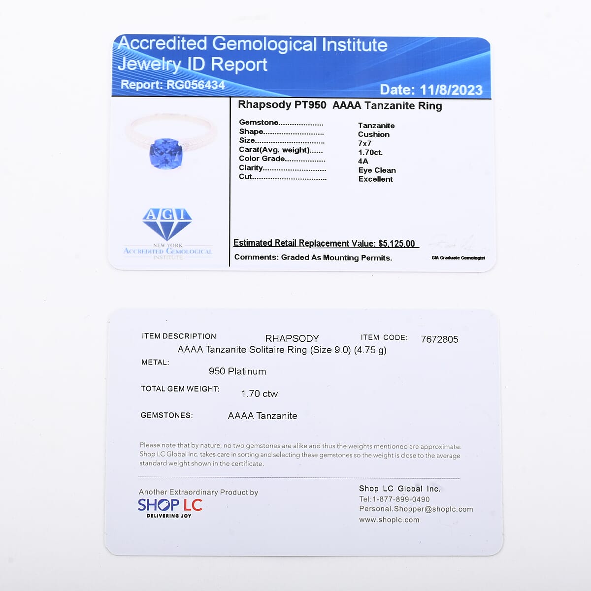 Certified & Appraised Rhapsody 950 Platinum AAAA Tanzanite Solitaire Ring (Size 6.5) 4.75 Grams 1.70 ctw image number 5