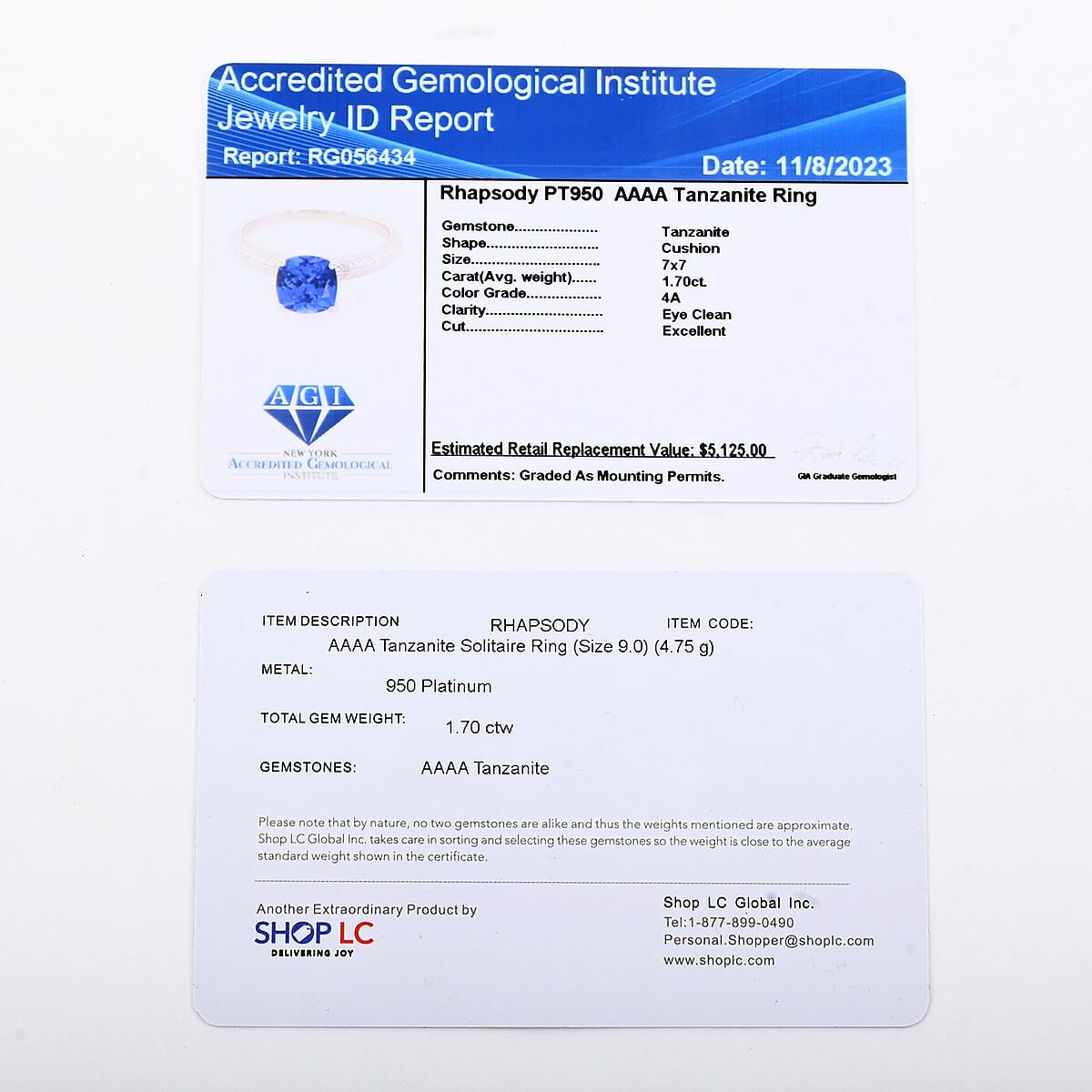 Certified & Appraised Rhapsody 950 Platinum AAAA Tanzanite Solitaire Ring (Size 9.5) 4.75 Grams 1.70 ctw image number 7