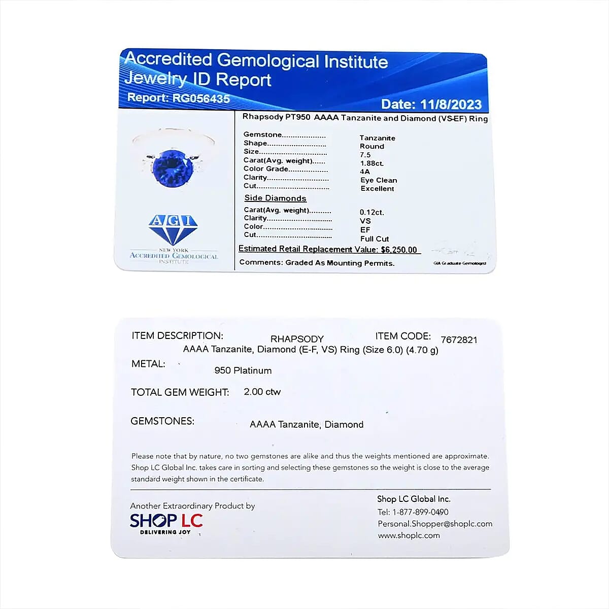 Certified & Appraised Rhapsody 950 Platinum AAAA Tanzanite and E-F VS Diamond Ring (Size 10.5) 4.70 Grams 2.00 ctw image number 8