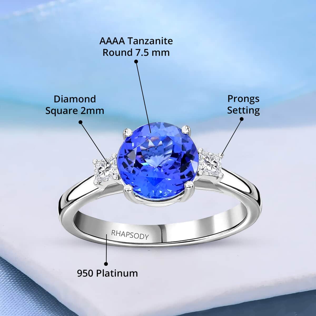 Certified & Appraised Rhapsody AAAA Tanzanite and E-F VS Diamond 2.00 ctw Ring in 950 Platinum (Size 6.5) 4.70 Grams image number 4