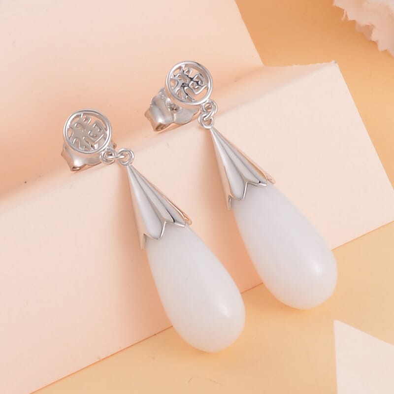 Natural Jade Drop Earrings in Rhodium Over Sterling Silver, Jade Jewelry, Gift For Her 34.75 ctw