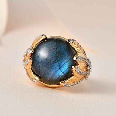Malagasy Labradorite and White Zircon 14.09 ctw Ring in Vermeil Yellow Gold Over Sterling Silver (Size 6.5)