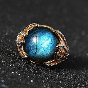 Malagasy Labradorite and White Zircon 14.09 ctw Ring in Vermeil Yellow Gold Over Sterling Silver (Size 6.5)