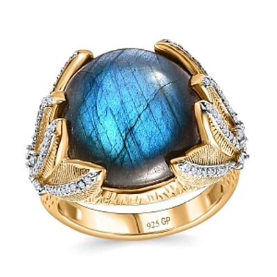 Malagasy Labradorite and White Zircon 14.09 ctw Ring in Vermeil Yellow Gold Over Sterling Silver (Size 6.5)