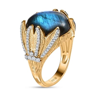 Malagasy Labradorite and White Zircon 14.09 ctw Ring in Vermeil Yellow Gold Over Sterling Silver (Size 6.5)