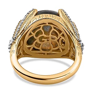 Malagasy Labradorite and White Zircon 14.09 ctw Ring in Vermeil Yellow Gold Over Sterling Silver (Size 6.5)