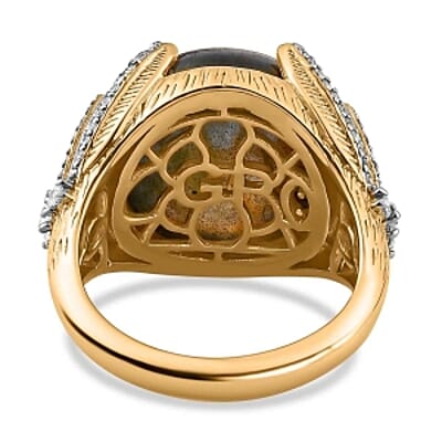 Malagasy Labradorite and White Zircon 14.09 ctw Ring in Vermeil Yellow Gold Over Sterling Silver (Size 6.5)
