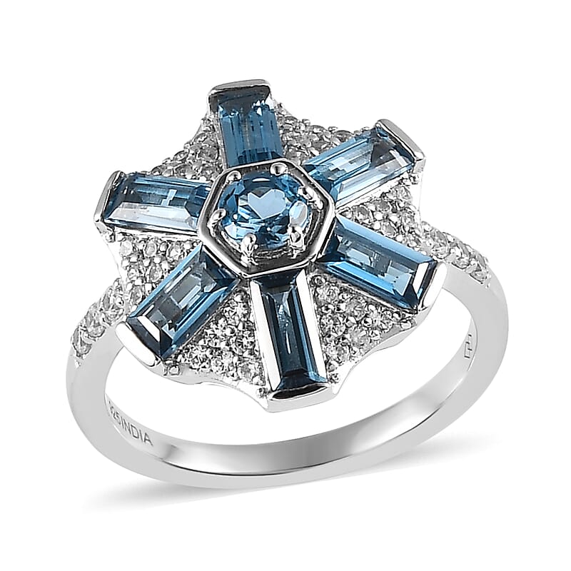 Premium London Blue Topaz and White Zircon 2.50 ctw Ring in Rhodium Over Sterling Silver (Size 6.0)