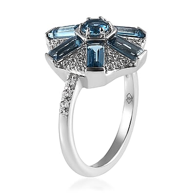 Premium London Blue Topaz and White Zircon 2.50 ctw Ring in Rhodium Over Sterling Silver (Size 6.0)
