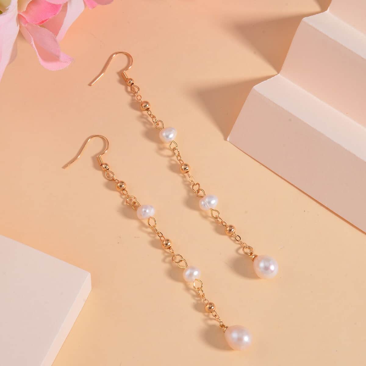 White Freshwater Pearl Earrings in Goldtone image number 1