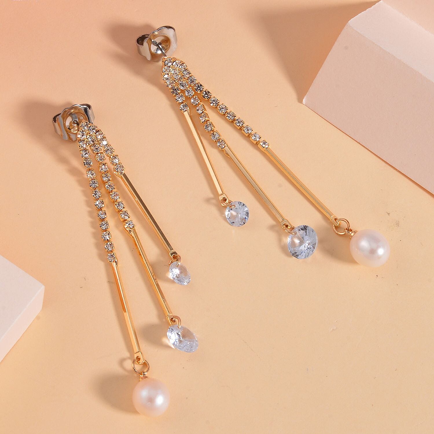 White Freshwater Pearl and Austrian Crystal Earrings in Goldtone
