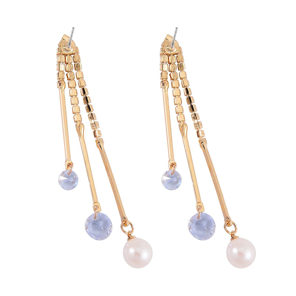 White Freshwater Pearl and Austrian Crystal Earrings in Goldtone
