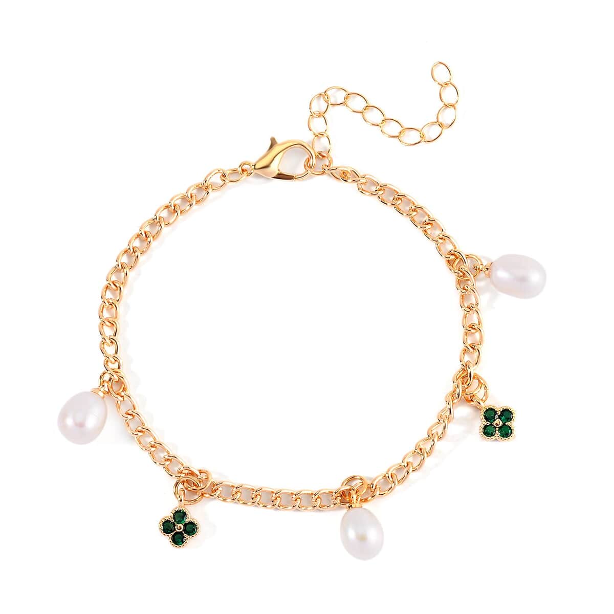 White Freshwater Pearl and Green Austrian Crystal Bracelet in Goldtone (7.50-8.50In) image number 0