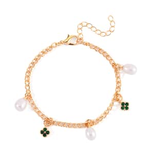 White Freshwater Pearl and Green Austrian Crystal Bracelet in Goldtone (7.50-8.50In)