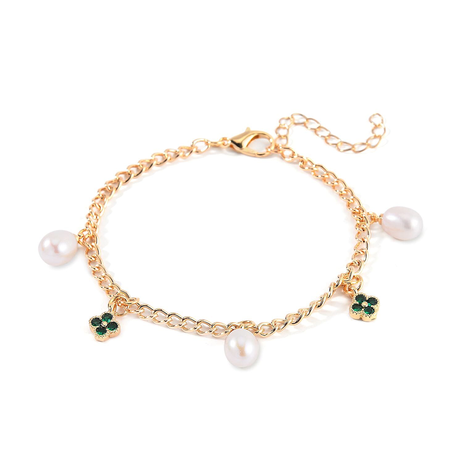 White Freshwater Pearl and Green Austrian Crystal Bracelet in Goldtone (7.50-8.50In)