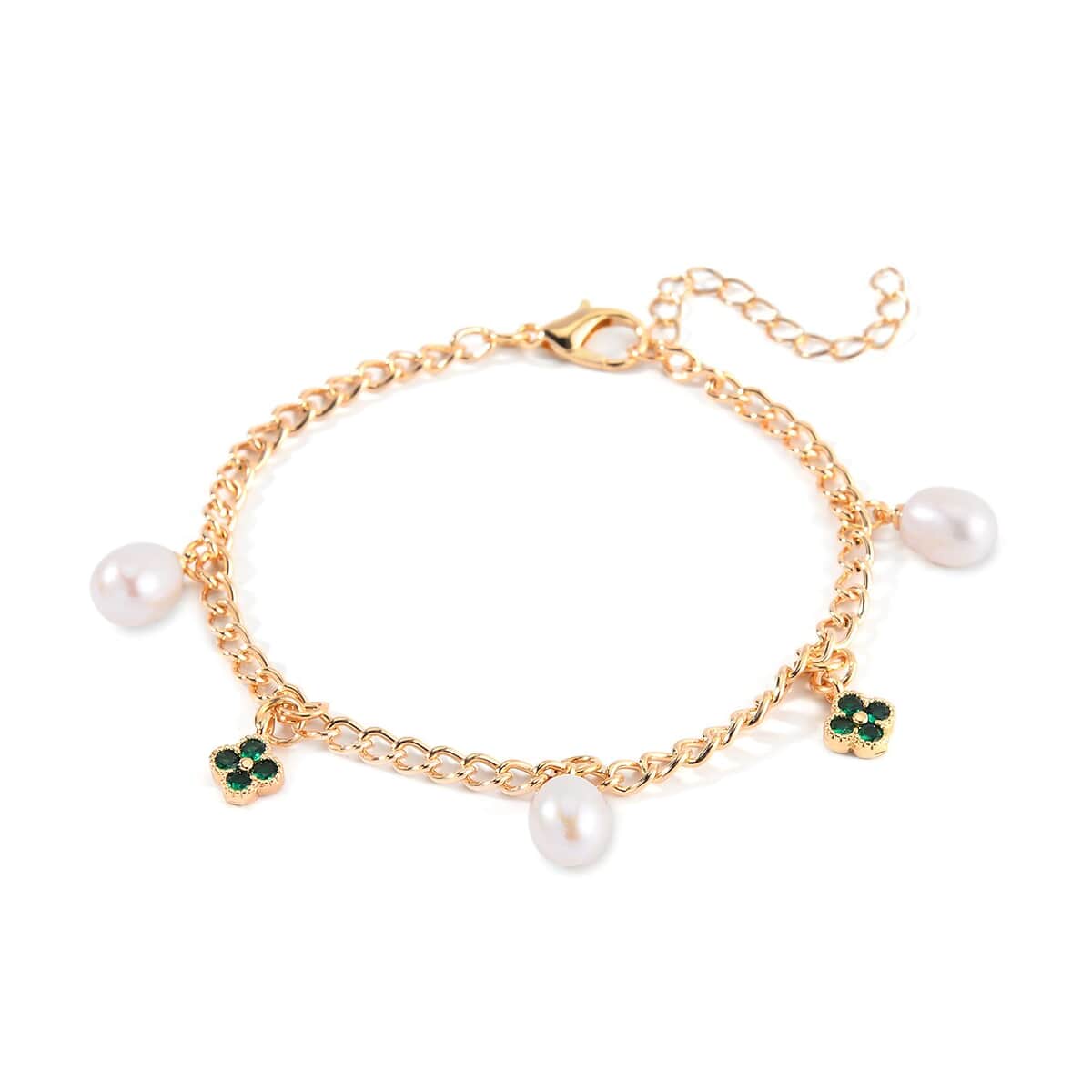 White Freshwater Pearl and Green Austrian Crystal Bracelet in Goldtone (7.50-8.50In) image number 2