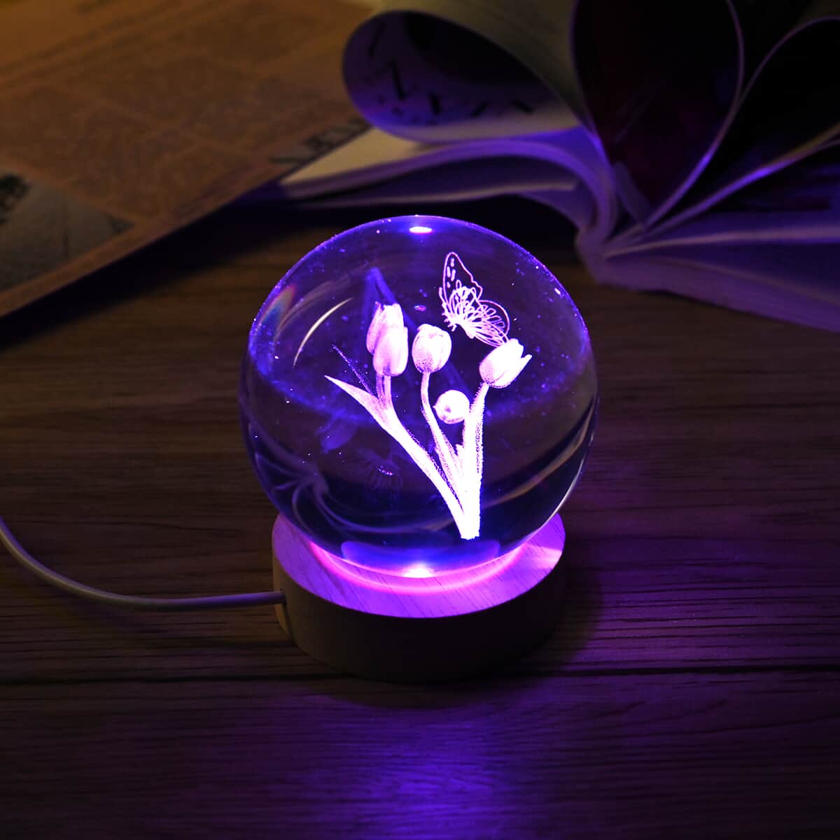 RGB Changing LED Light Crystal 3D Butterfly on Rose Pattern Glass Ball with Wood Base (Ball 3.5 Inches & Wood Dia 2.5 Inches) image number 1