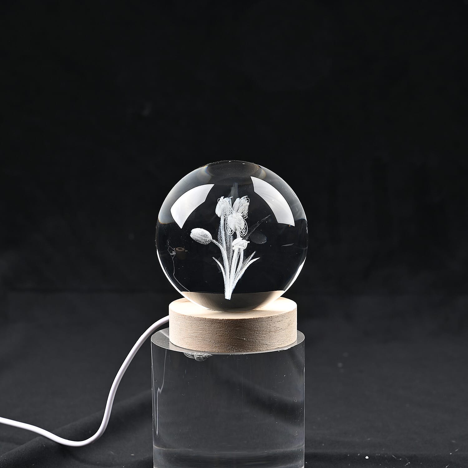 Livmore RGB Changing LED Light Crystal 3D Butterfly on Rose Pattern Glass Ball with Wood Base (Ball 3.5 Inches & Wood Dia 2.5 Inches)