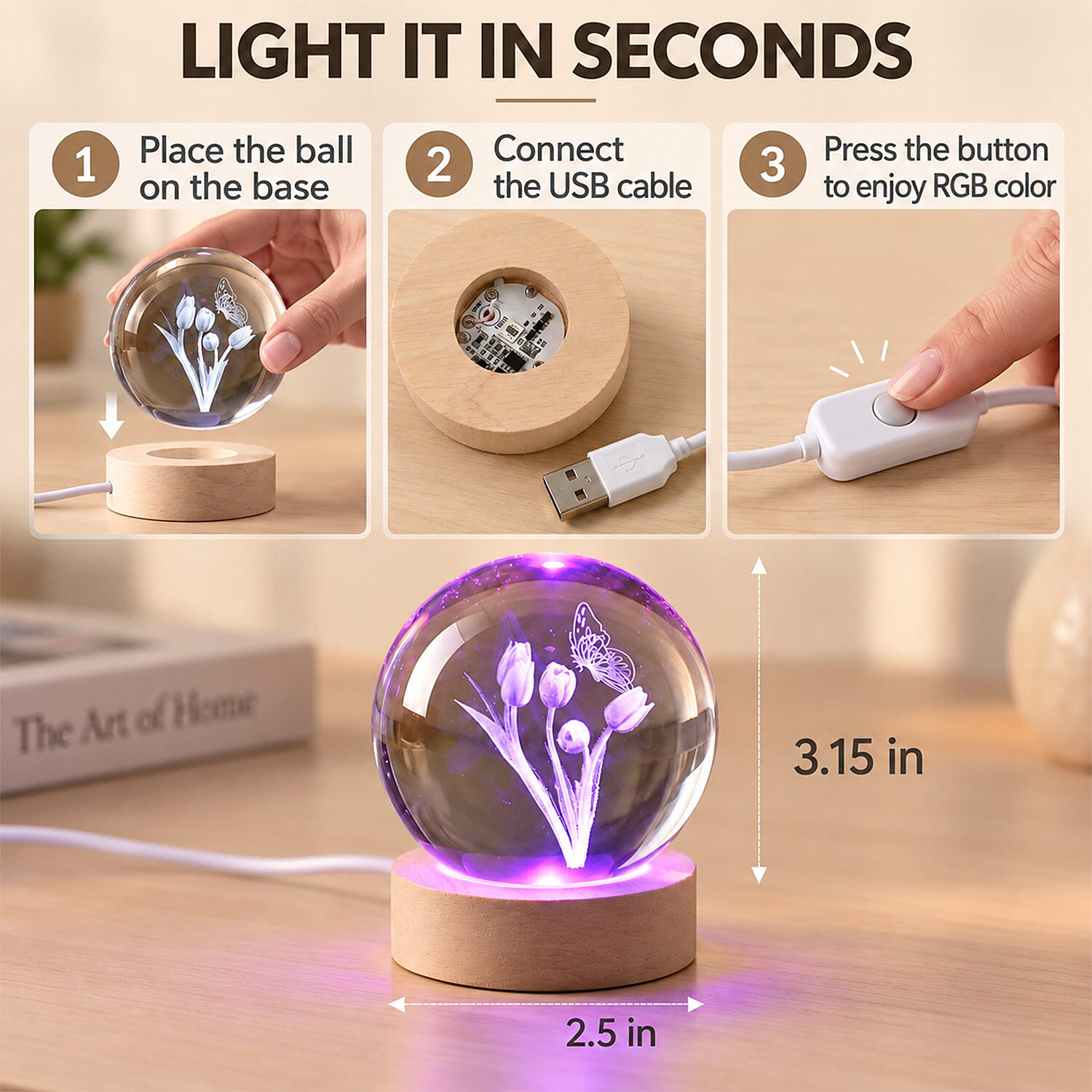 Livmore RGB Changing LED Light Crystal 3D Butterfly on Rose Pattern Glass Ball with Wood Base (Ball 3.5 Inches & Wood Dia 2.5 Inches)