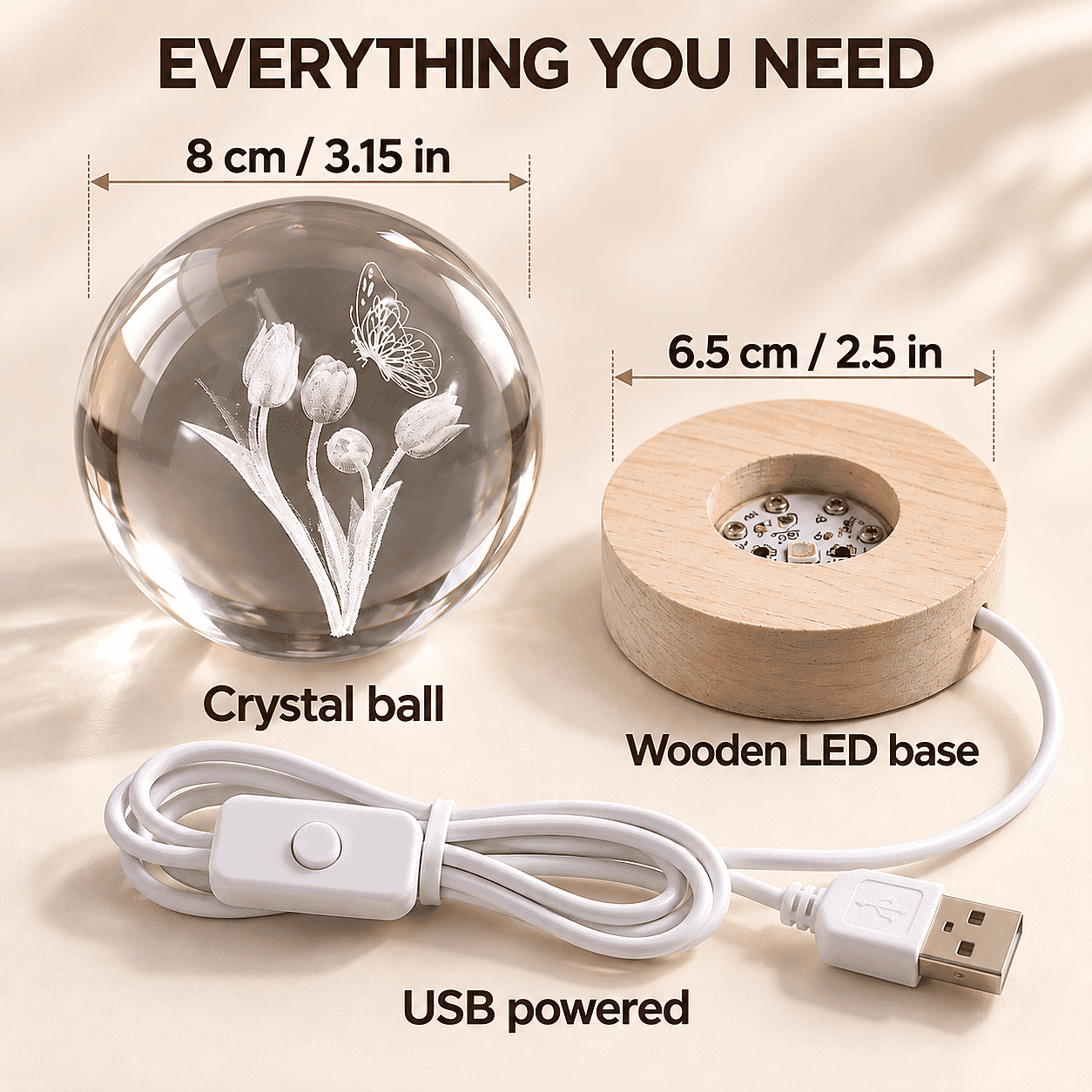 Livmore RGB Changing LED Light Crystal 3D Butterfly on Rose Pattern Glass Ball with Wood Base (Ball 3.5 Inches & Wood Dia 2.5 Inches)