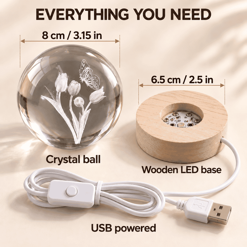 Livmore RGB Changing LED Light Crystal 3D Butterfly on Rose Pattern Glass Ball with Wood Base (Ball 3.5 Inches & Wood Dia 2.5 Inches)