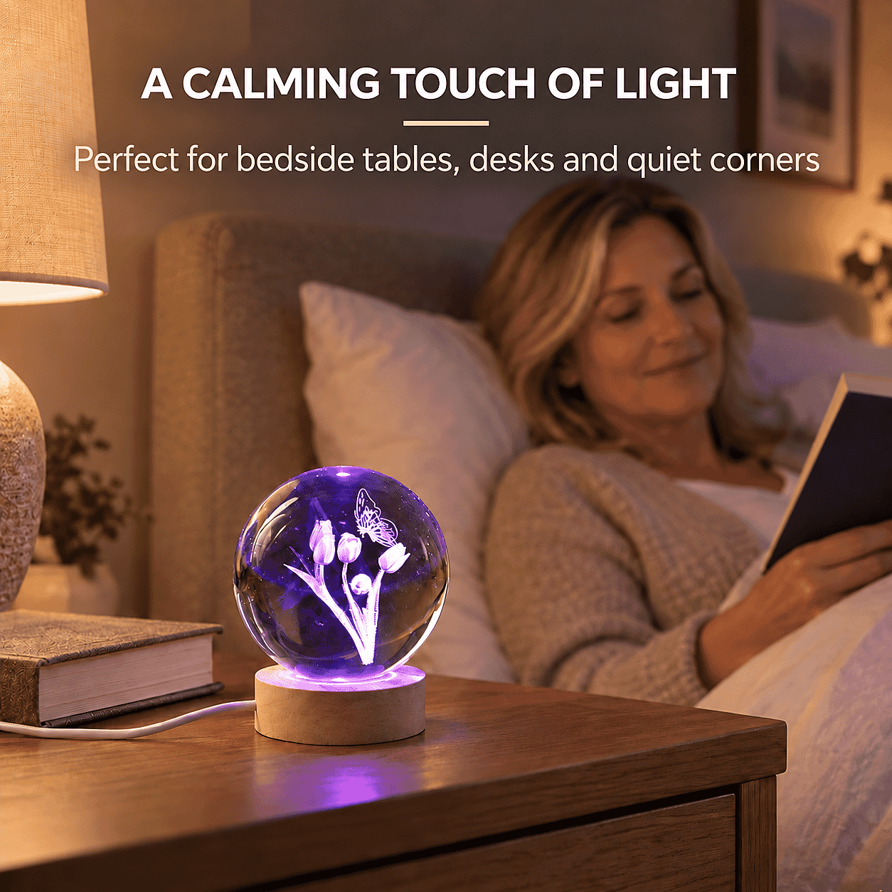 Livmore RGB Changing LED Light Crystal 3D Butterfly on Rose Pattern Glass Ball with Wood Base (Ball 3.5 Inches & Wood Dia 2.5 Inches)