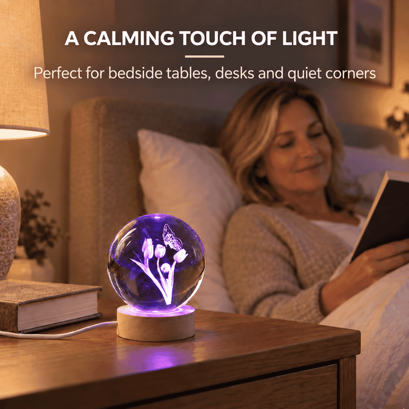 Livmore RGB Changing LED Light Crystal 3D Butterfly on Rose Pattern Glass Ball with Wood Base (Ball 3.5 Inches & Wood Dia 2.5 Inches)