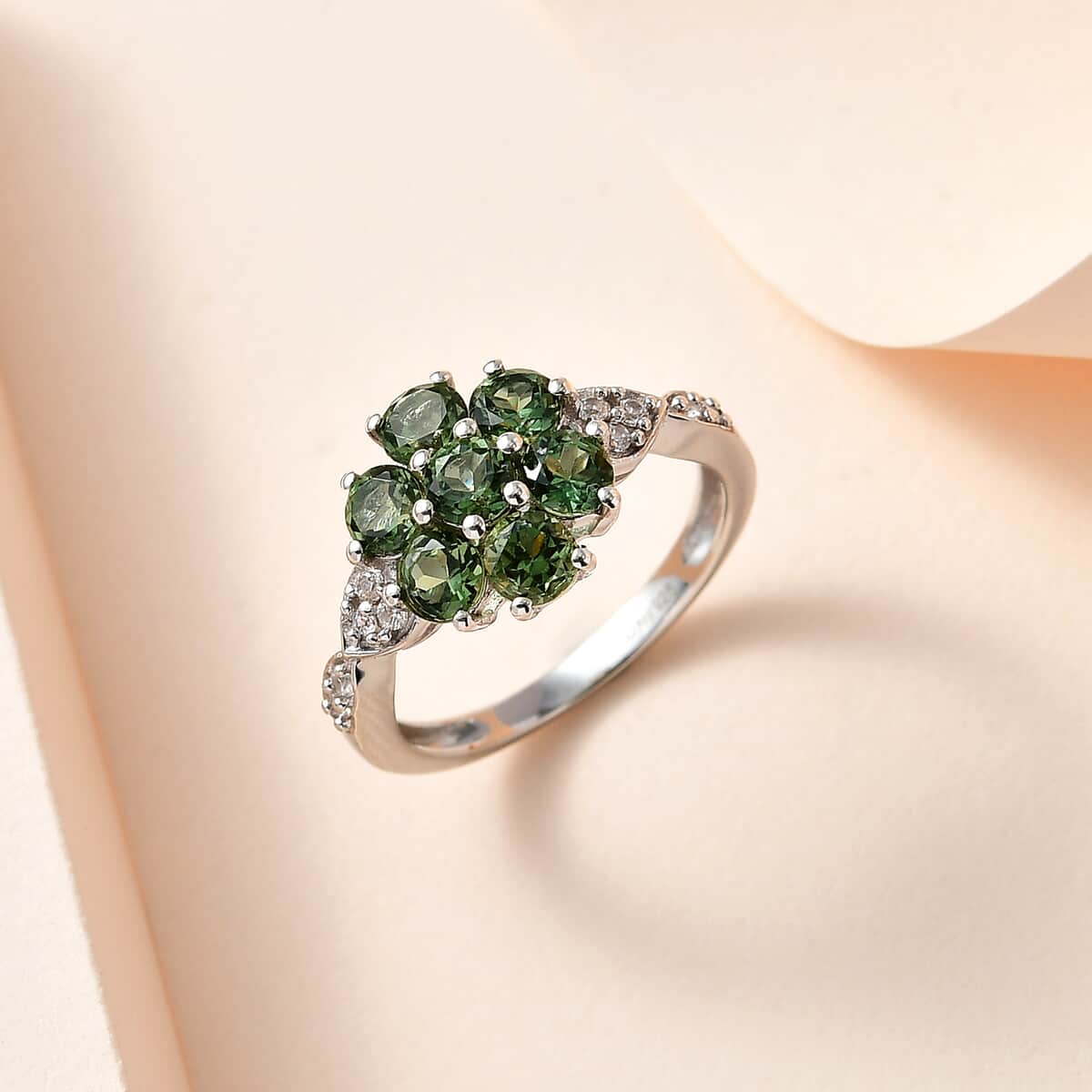 Tanzanian Natural Green Apatite and White Zircon Ring in Platinum Over Sterling Silver (Size 5.0) 2.35 ctw image number 1