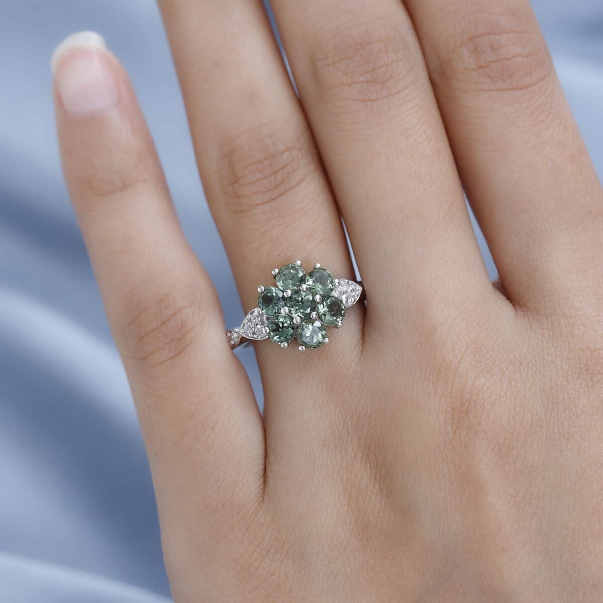 Tanzanian Natural Green Apatite and White Zircon Ring in Platinum Over Sterling Silver (Size 5.0) 2.35 ctw image number 2