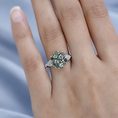 Tanzanian Natural Green Apatite and White Zircon Ring in Platinum Over Sterling Silver (Size 7.0) 2.35 ctw