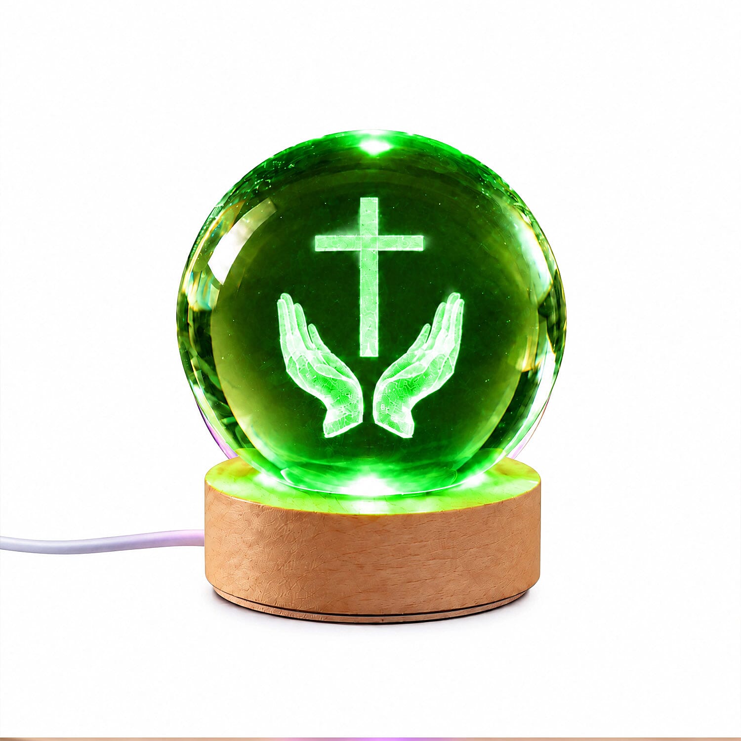Livmore RGB Changing LED Light Crystal 3D Prayer Hands with Cross Engraved Pattern Glass Ball with Wood Base (Ball 3.5 Inches & Wood Dia 2.5 Inches)