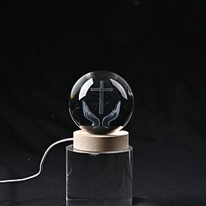 Livmore RGB Changing LED Light Crystal 3D Prayer Hands with Cross Engraved Pattern Glass Ball with Wood Base (Ball 3.5 Inches & Wood Dia 2.5 Inches)
