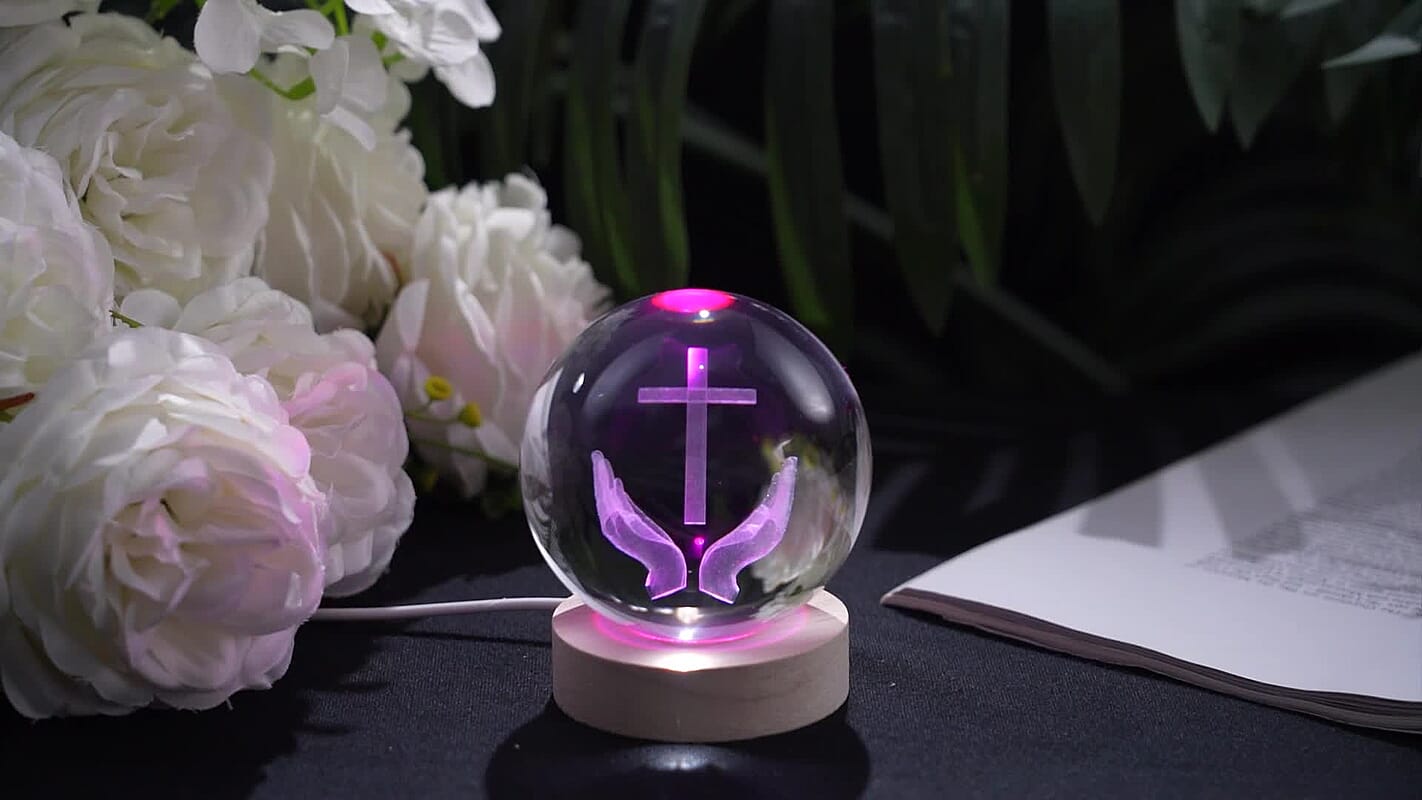 Crystal Glass Ball with LED RGB Wood Display Base (Ball 3.5 Inches & Wood Dia 2.5 Inches)