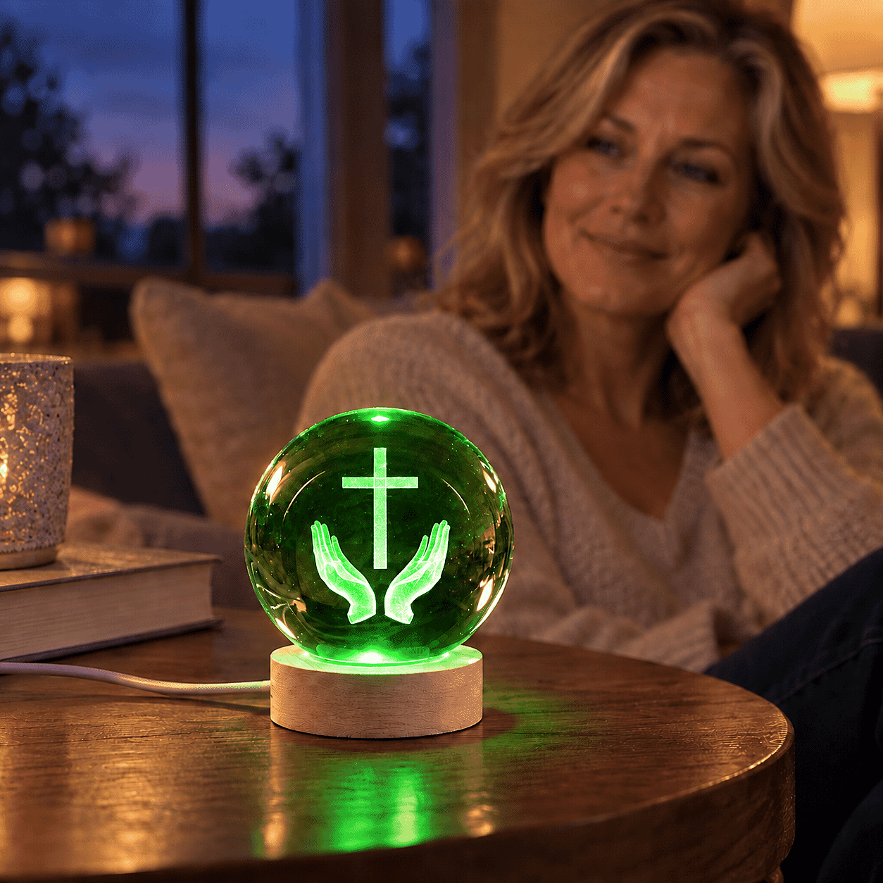 Livmore RGB Changing LED Light Crystal 3D Prayer Hands with Cross Engraved Pattern Glass Ball with Wood Base (Ball 3.5 Inches & Wood Dia 2.5 Inches)